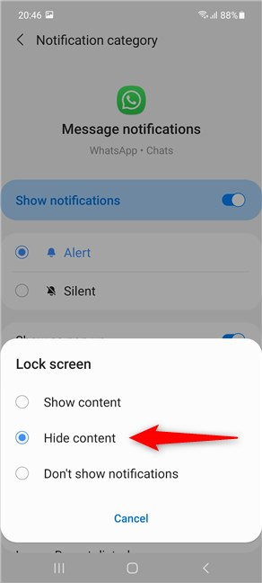 Cómo ocultar el contenido de las notificaciones en WhatsApp en Samsung Galaxy
