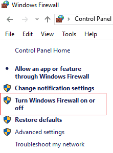 haga clic en Activar o desactivar Firewall de Windows |  Solucione el error ERR INTERNET DESCONECTADO en Chrome