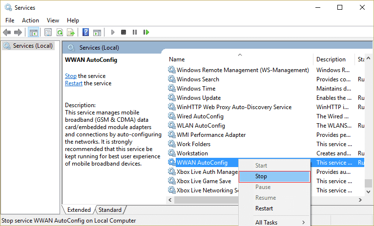 haga clic con el botón derecho en WWAN AutoConfig y seleccione Detener |  Solucione el error ERR INTERNET DESCONECTADO en Chrome
