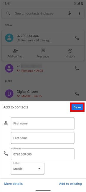 Toque Guardar después de agregar detalles para el nuevo contacto