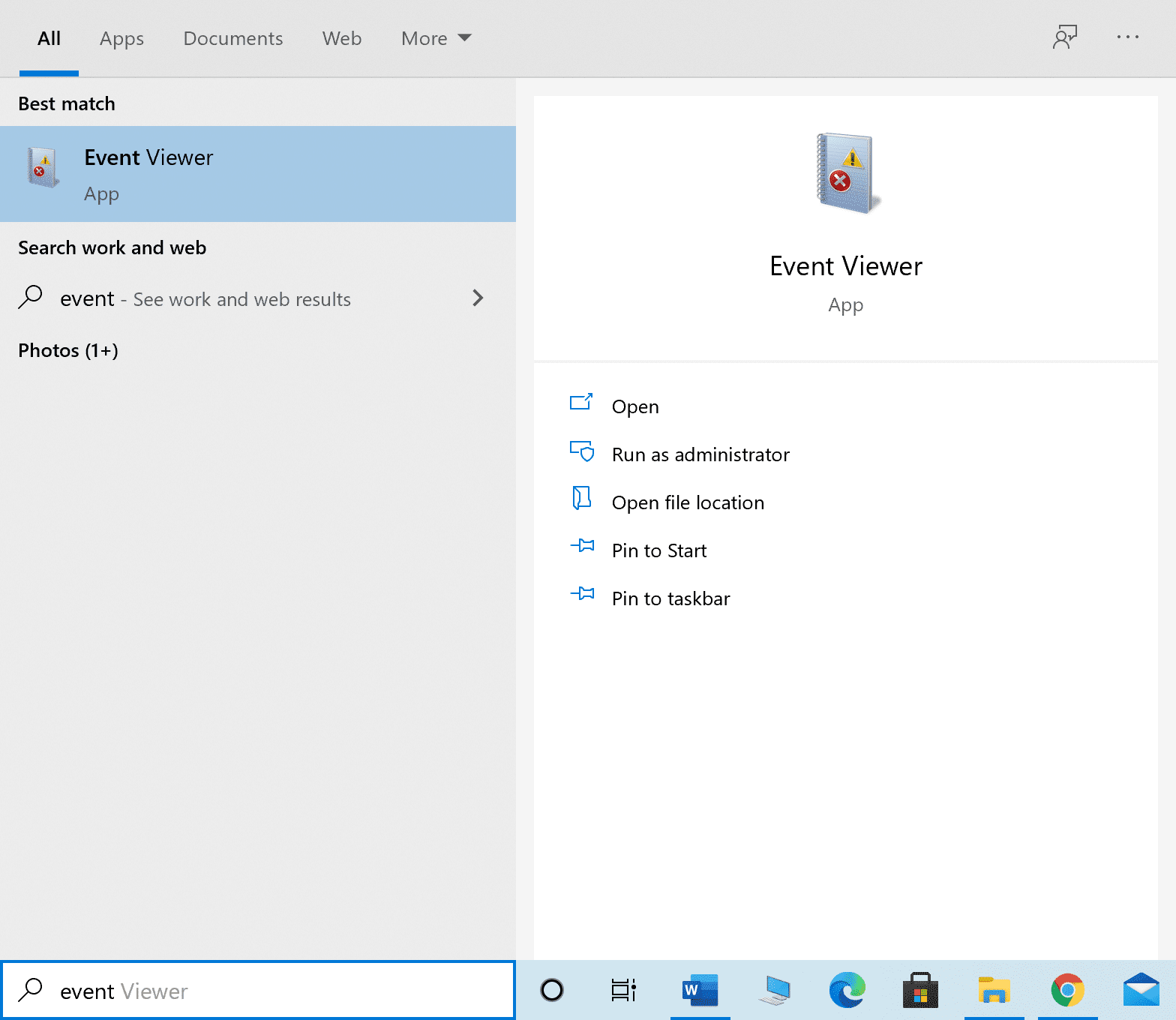 Escriba Visor de eventos en la búsqueda de Windows y ejecútelo desde el resultado | ¿Cómo solucionar el uso elevado de la CPU en Windows 10?