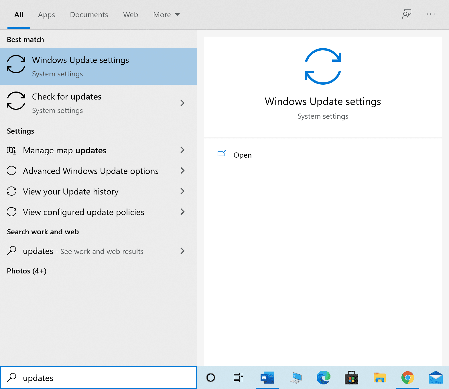 iniciar la configuración de actualización de Windows desde la búsqueda de Windows