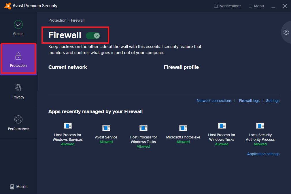 Avast deshabilita el cortafuegos