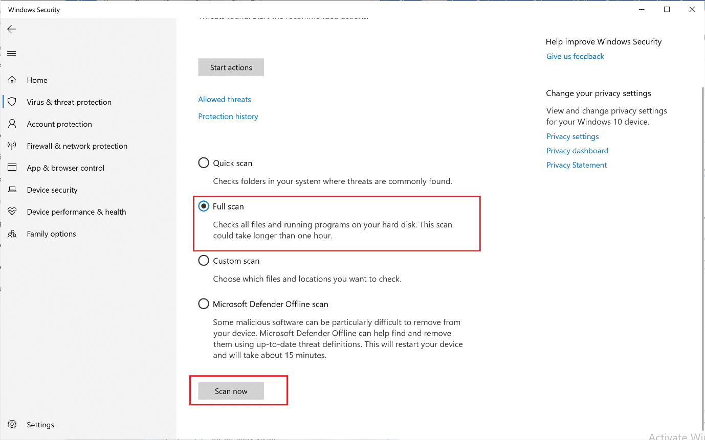.  Seleccione Escaneo completo y haga clic en Escanear ahora.  ¿Cómo solucionar el uso elevado de la CPU en Windows 10?
