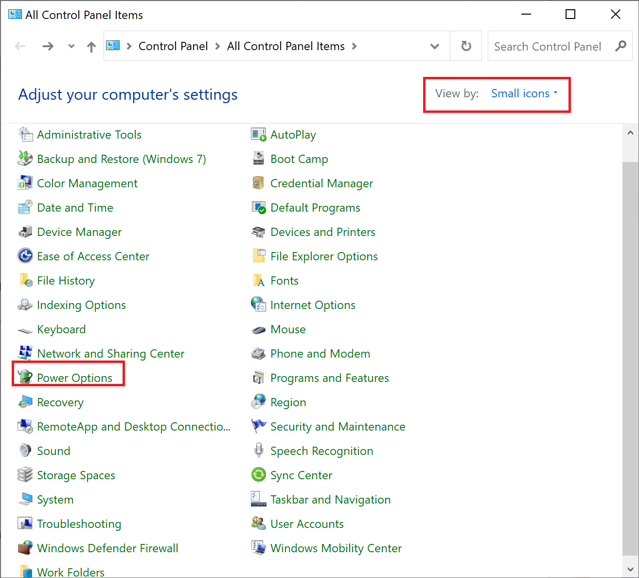 Haga clic en Ver por y seleccione Iconos pequeños.  Luego vaya a Opciones de energía |  cómo reducir el uso de la CPU Windows 10