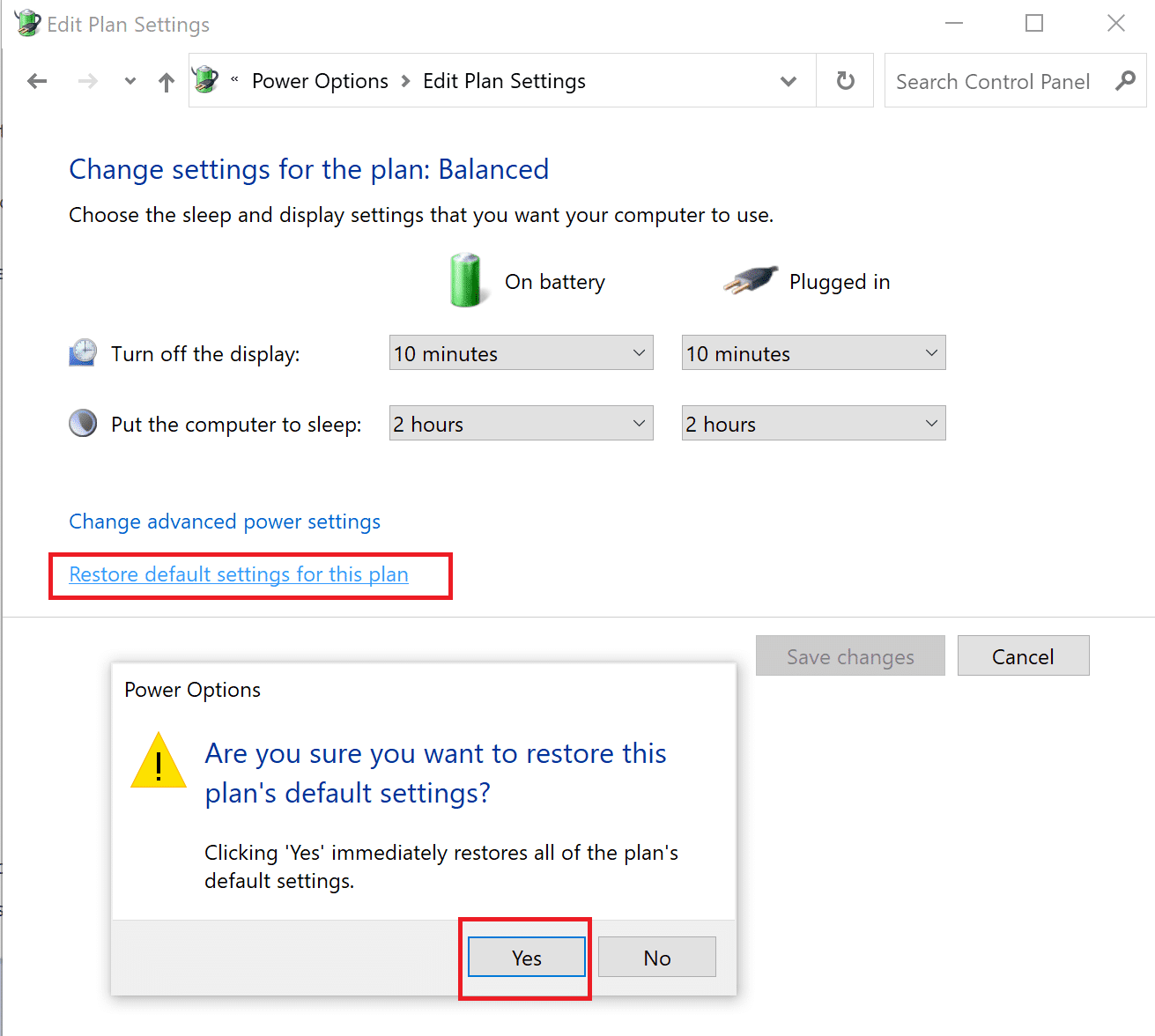 haga clic en Restaurar la configuración predeterminada para este plan y haga clic en Aceptar.  cómo arreglar el alto uso de la CPU Windows 10