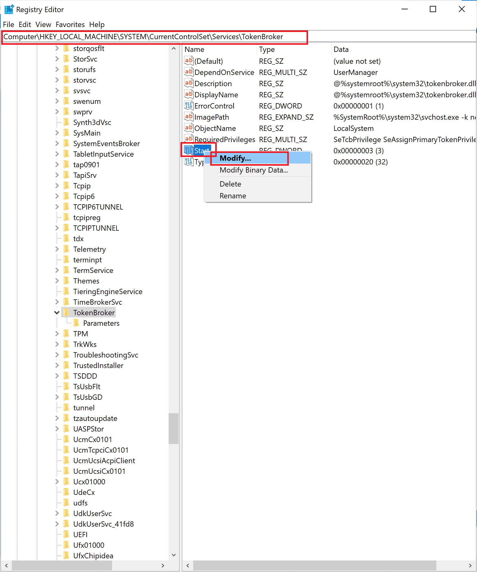 Vaya a HKEY_LOCAL_MACHINESYSTEMCurrentControlSetServicesTokenBroker Ahora, haga clic derecho en Iniciar desde el panel derecho de la ventana.  Seleccione Modificar en el menú desplegable.