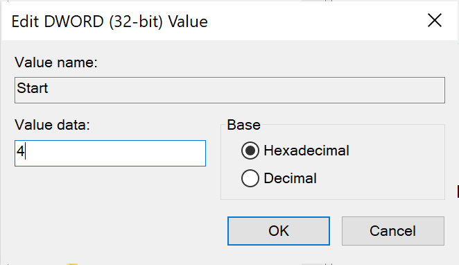 Ingrese el número 4 en Datos de valor.  Haga clic en Aceptar para guardar los cambios.  cómo arreglar el alto uso de la CPU Windows 10