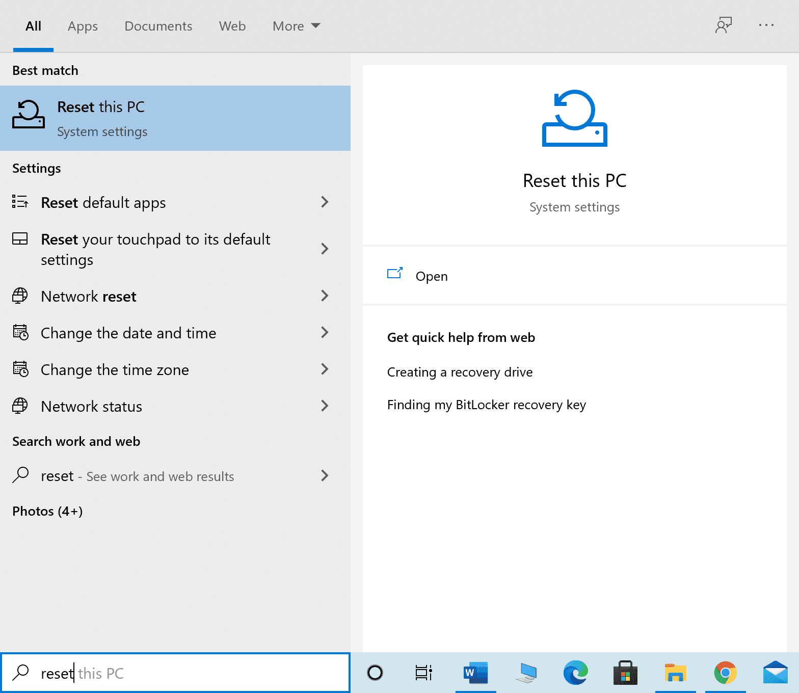 Escriba restablecer en la búsqueda de Windows y launvh Restablecer este resultado de búsqueda de PC.  cómo arreglar el alto uso de la CPU Windows 10