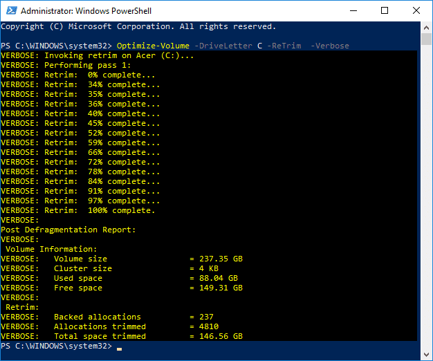 Para optimizar y desfragmentar un SSD, use el siguiente comando dentro de PowerShell