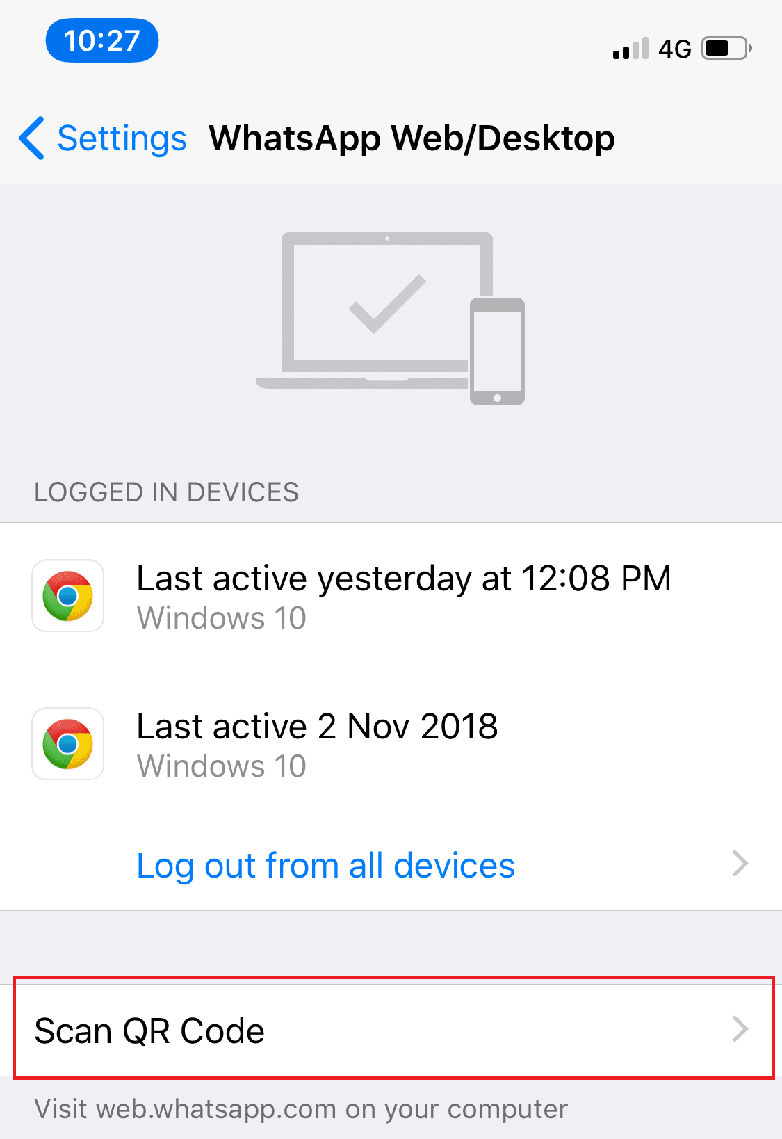 Seleccione la opción Web de WhatsApp y haga clic en Escanear código QR