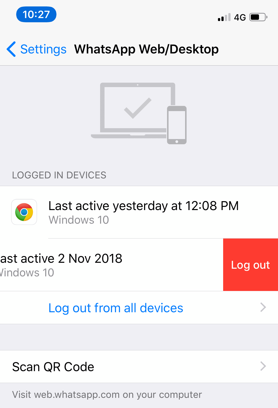 Seleccione el dispositivo deseado y haga clic en LOG OUT