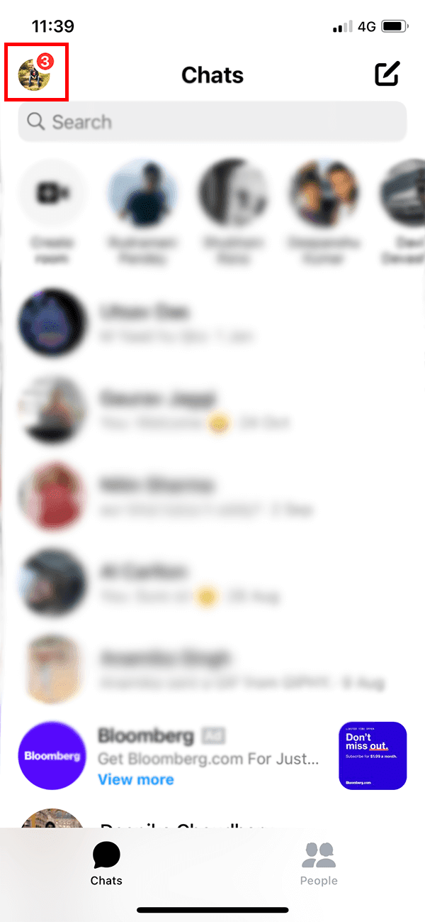 Una vez que aparezca la ventana de chat, toque el ícono de su perfil en la esquina superior izquierda