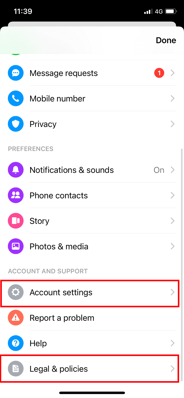 Ahora desplácese hacia abajo y vaya a Configuración de su cuenta o Legal y políticas