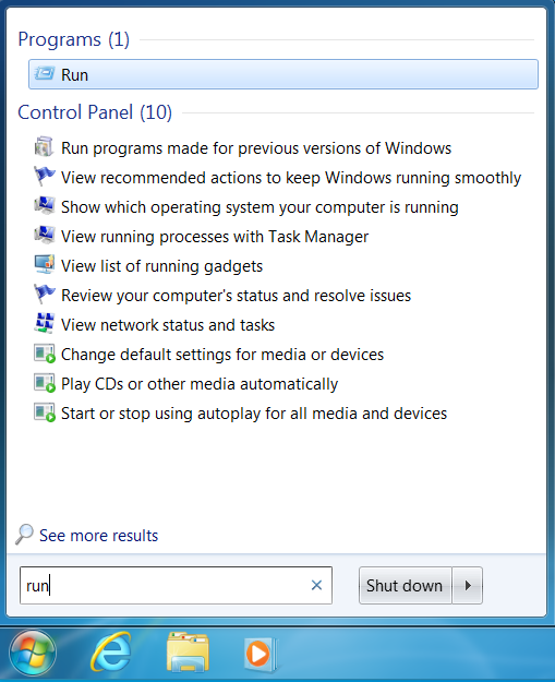 Acceda a la ventana Ejecutar desde el cuadro de búsqueda del menú Inicio en Windows 7