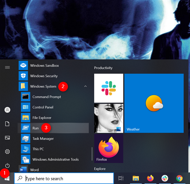 Abra Ejecutar desde el menú Inicio en Windows 10