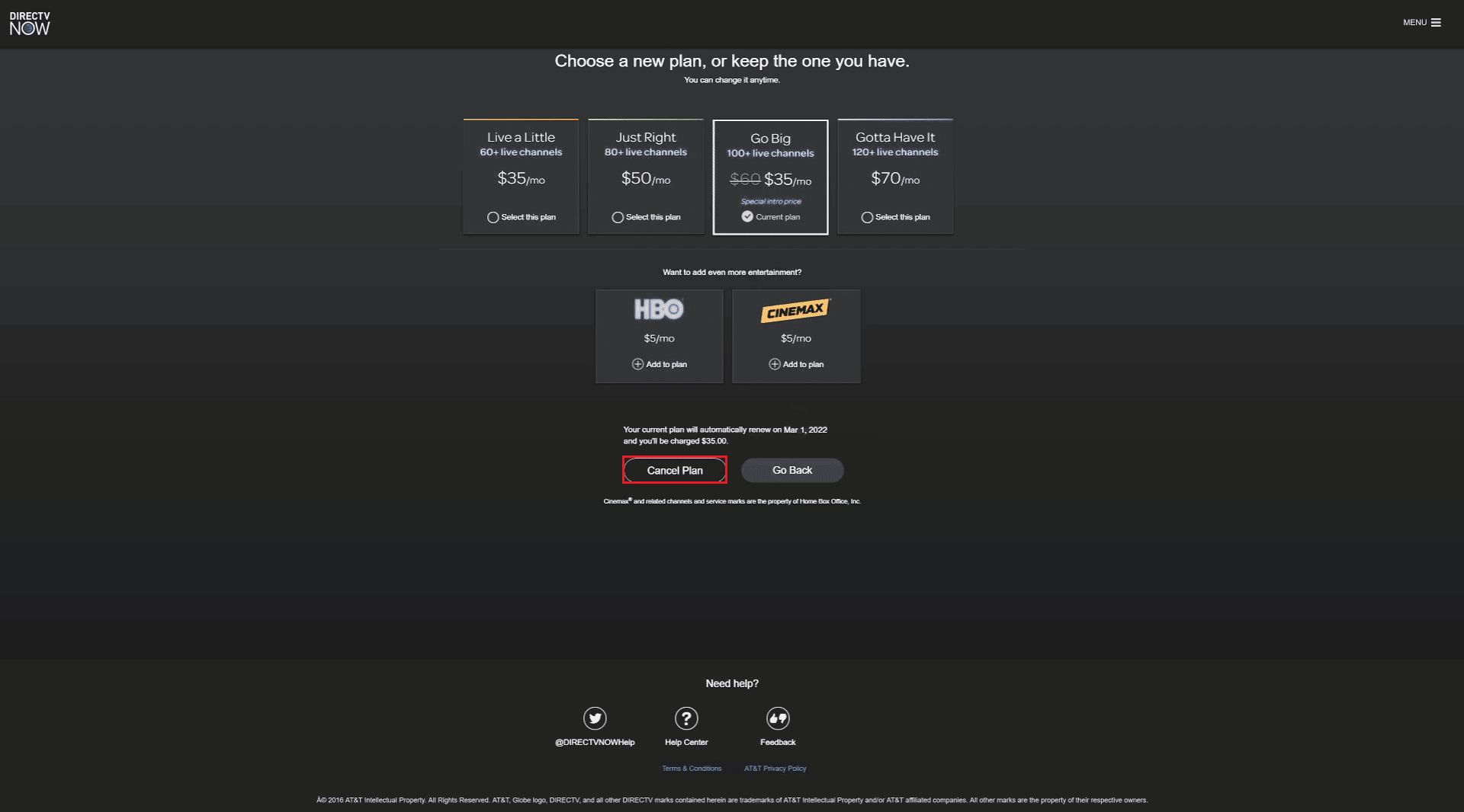 seleccionar cancelar plan en directv administrar mi plan