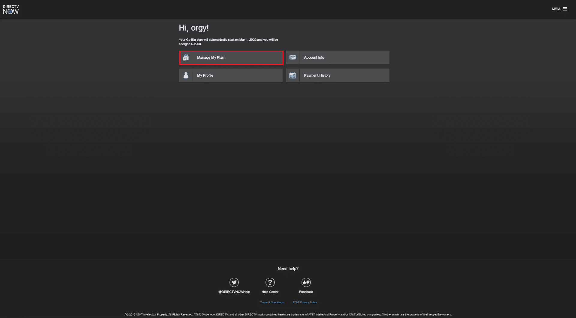 seleccione administrar mi cuenta en la cuenta de usuario de directv