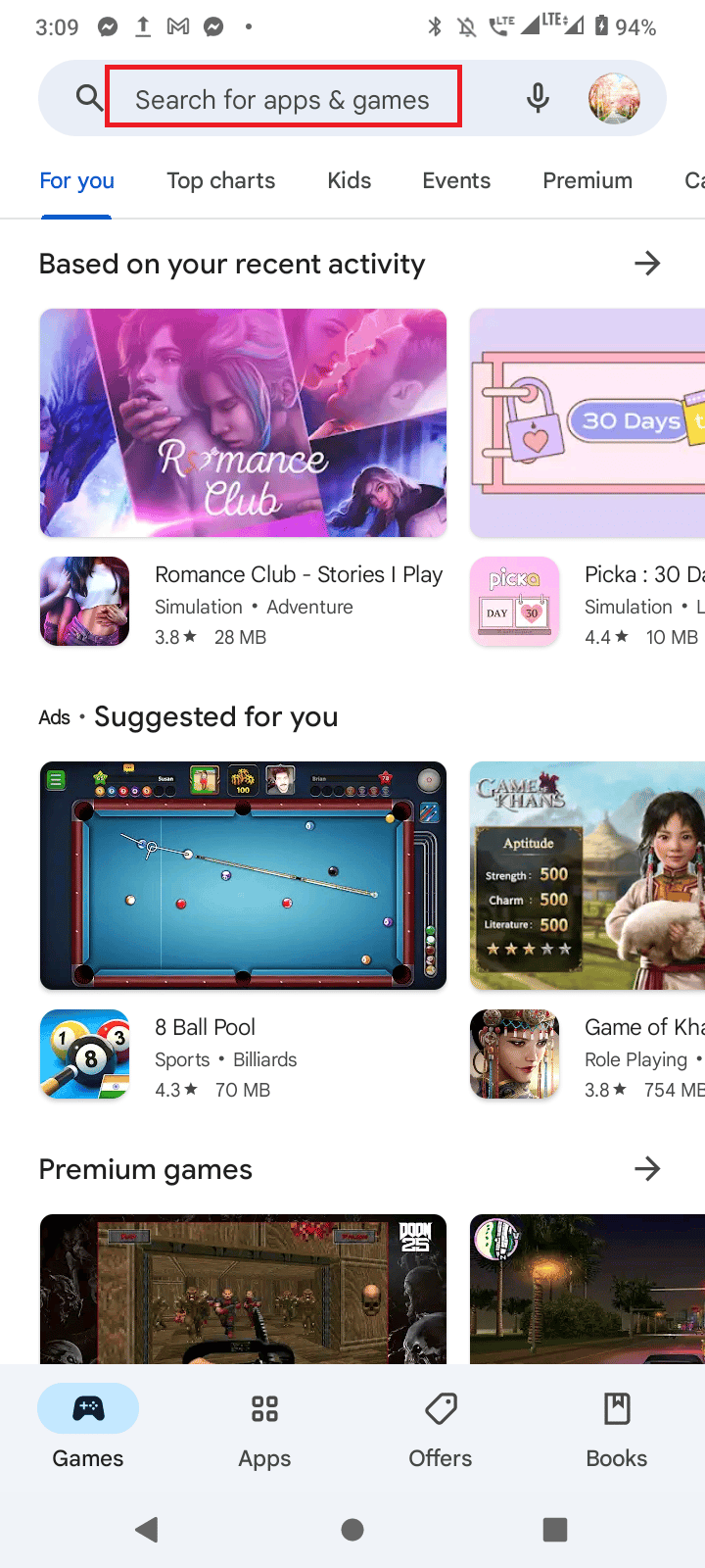 toque en la barra de búsqueda