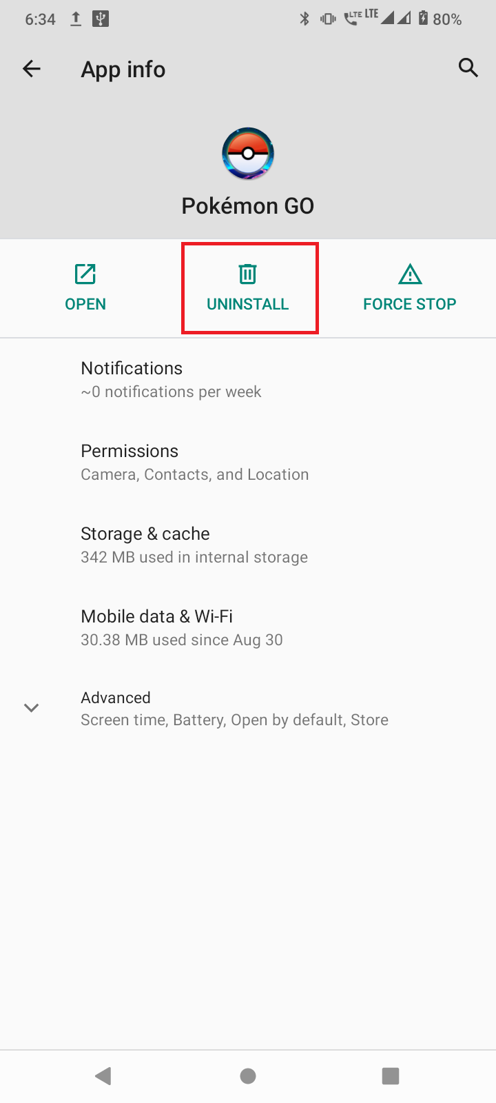 toque desinstalar.  Arreglar Pokemon GO no pudo iniciar sesión Problema