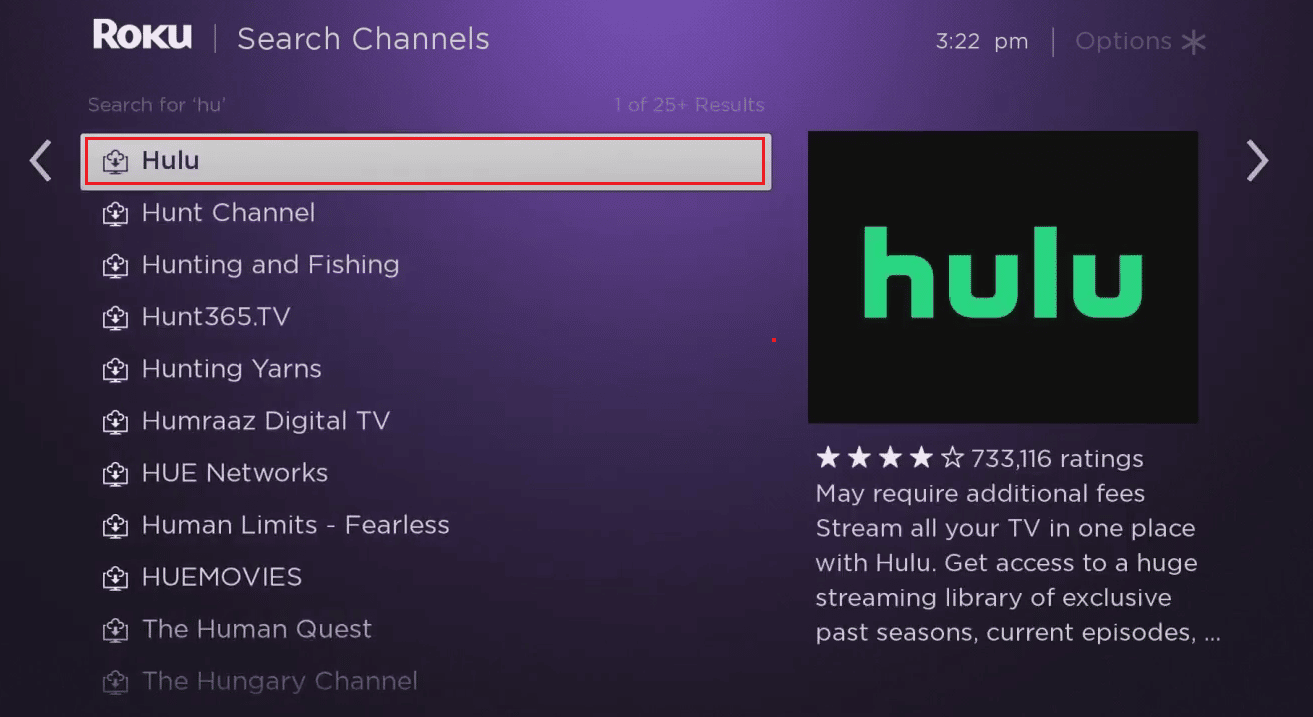 Escriba Hulu y seleccione la aplicación Hulu de los resultados de búsqueda |  ¿Cómo puedes iniciar sesión en Hulu en Roku?  accede a tu cuenta de Hulu en tu Roku TV