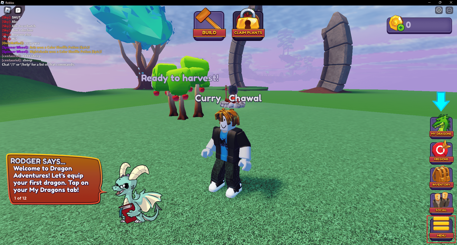 haga clic en Menú en el juego Dragon Adventures Roblox