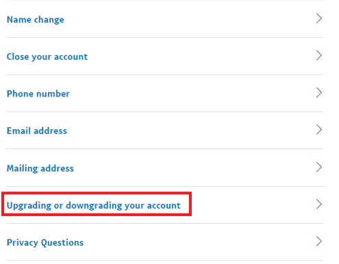 haga clic en la opción Actualizar o degradar su cuenta | Cómo eliminar una cuenta comercial de PayPal