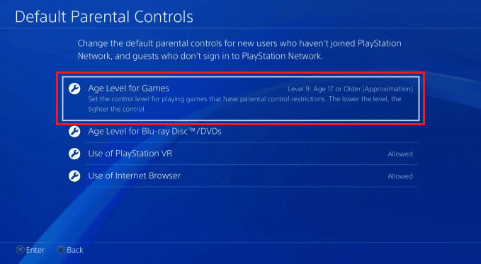 Seleccione el nivel de edad para los juegos