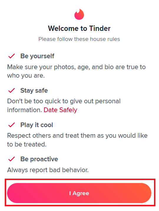 Haga clic en el botón Acepto en el aviso | ¿Cuánto tiempo dura Tinder Shadowban?