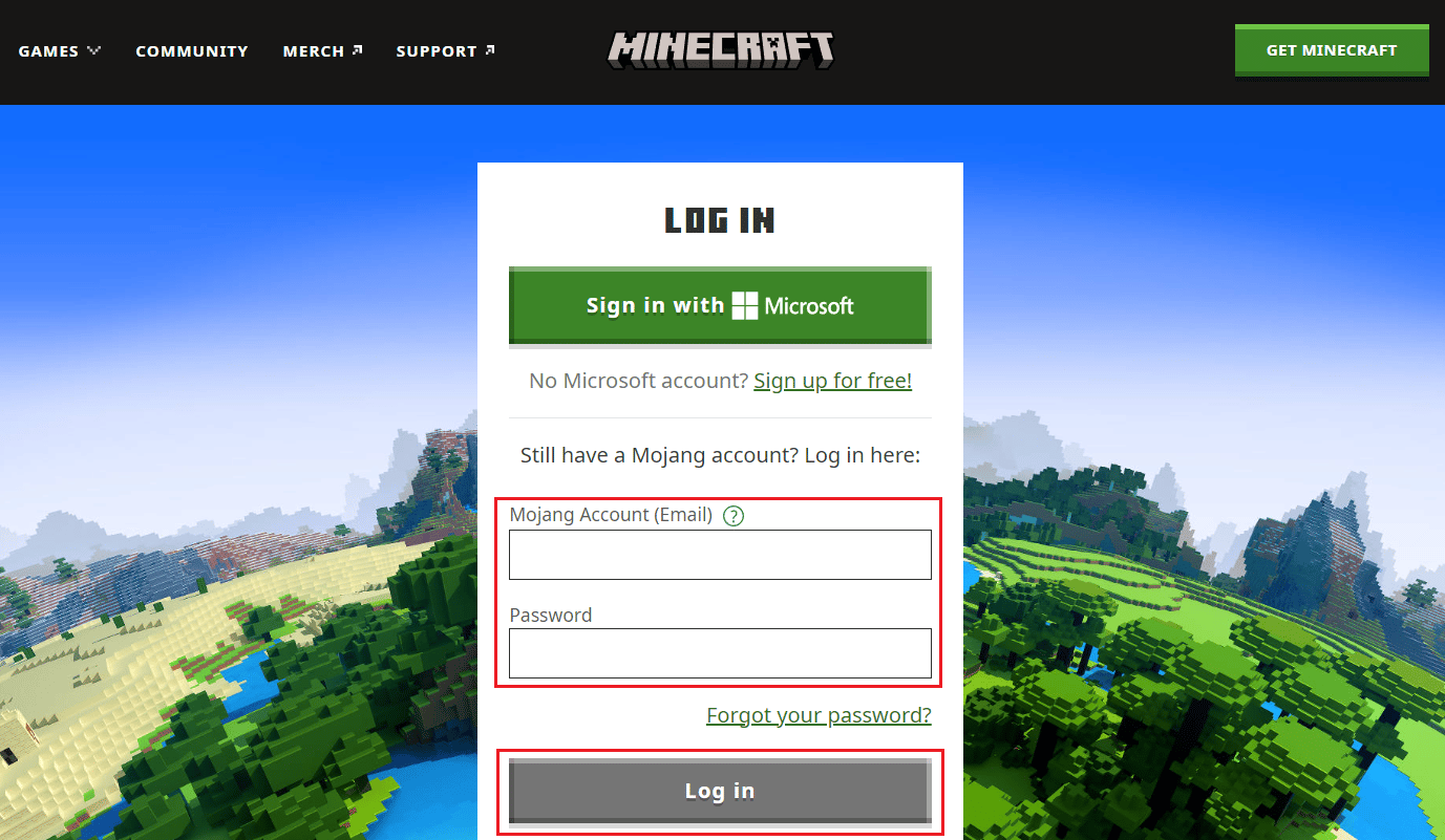 Página de inicio de sesión de Minecraft: ingrese las credenciales de su cuenta de Mojang y haga clic en Iniciar sesión