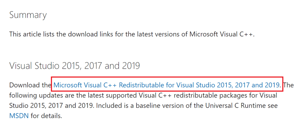 Abra la página redistribuible de Microsoft Visual C++ 