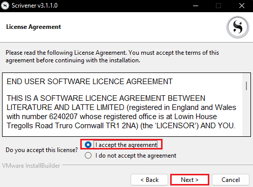 acepte el acuerdo y haga clic en Siguiente en la configuración de Scrivener