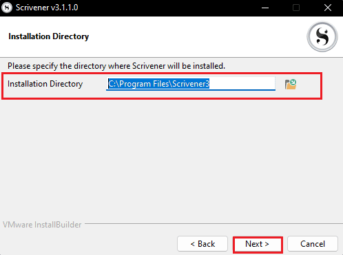 elija el directorio de instalación y haga clic en Siguiente en la configuración de Scrivener