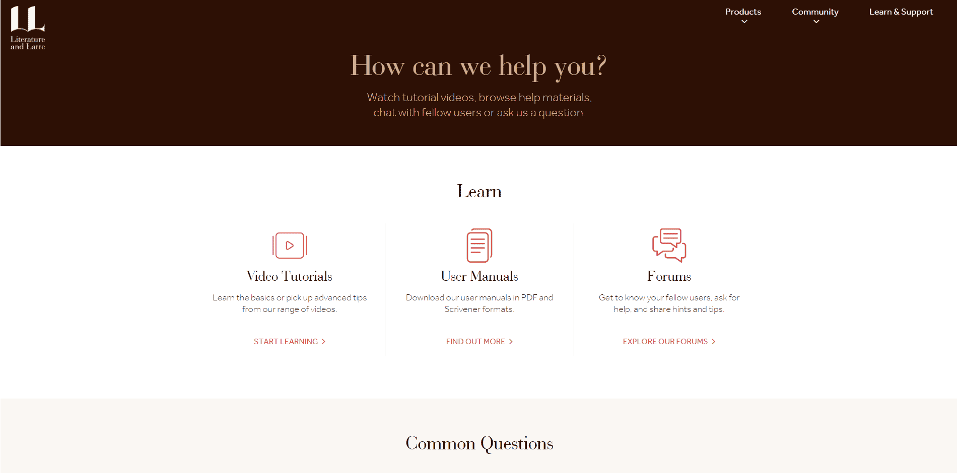 Página de soporte de Scrivener