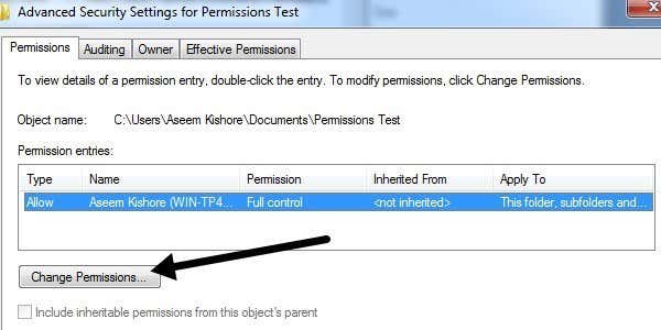 cuadro de diálogo cambiar permisos