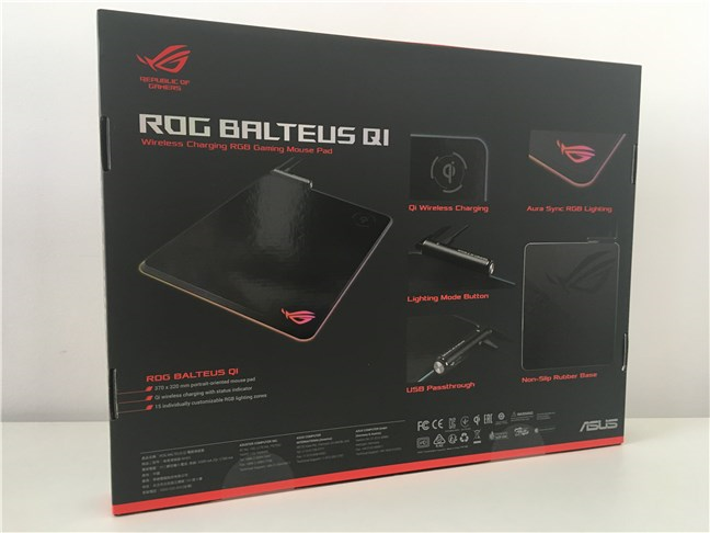 La parte posterior del paquete de la alfombrilla de ratón ASUS ROG Balteus Qi
