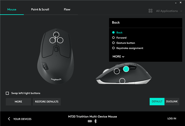 Los ajustes disponibles para el ratón Logitech M720 Triathlon