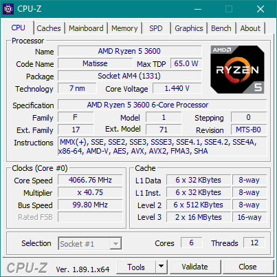 Detalles de CPU-Z sobre el AMD Ryzen 5 3600