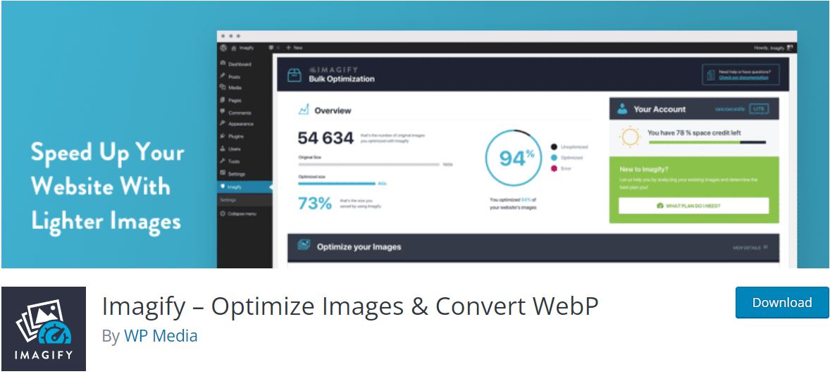 Página de inicio del complemento Imagify