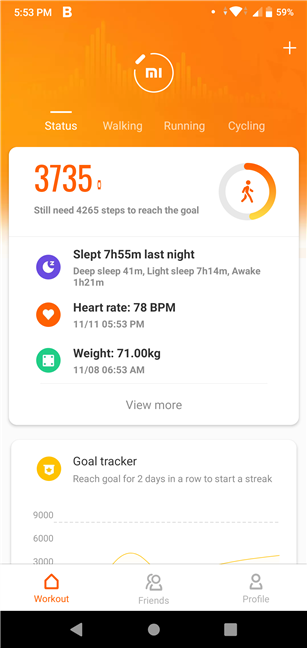 La pantalla principal de la aplicación Mi Fit
