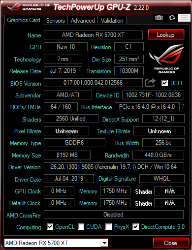 Detalles GPU-Z sobre la AMD Radeon RX 5700 XT
