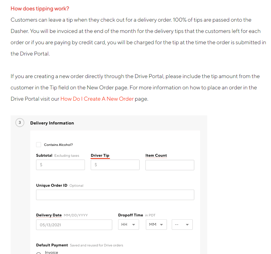 Página de propinas para el conductor de DoorDash