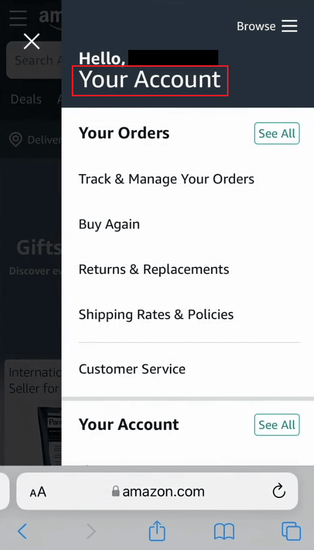 toca Tu cuenta en la parte superior del menú |  Cómo obtener una biblioteca de juegos y software en Amazon |  obtenga su código digital de Amazon después de la compra