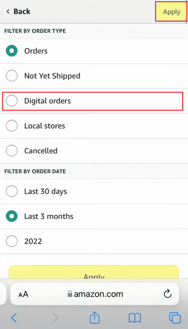 Toque el botón de opción Pedidos digitales y toque Aplicar