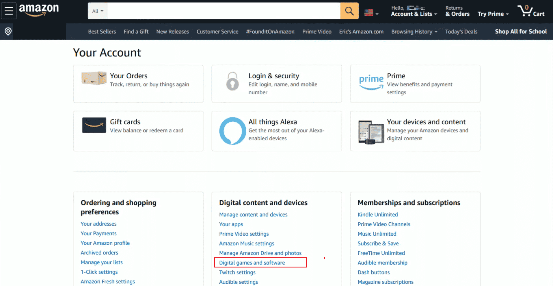 Haga clic en Juegos y software digitales en la sección Dispositivos y contenido digital |  Cómo obtener una biblioteca de juegos y software en Amazon |  obtenga su código digital de Amazon después de la compra