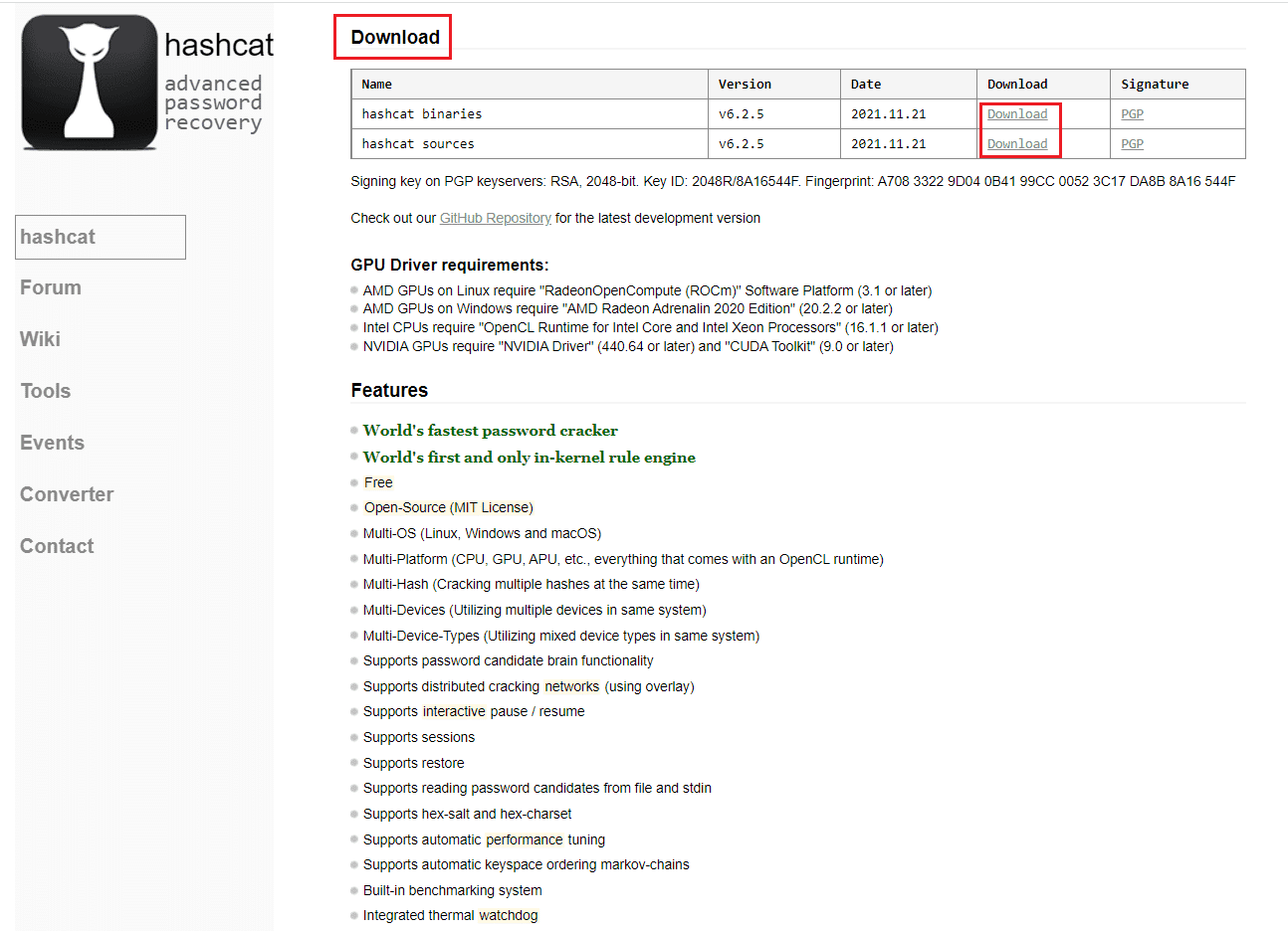 Página de descarga de la herramienta de piratería oclHashcat