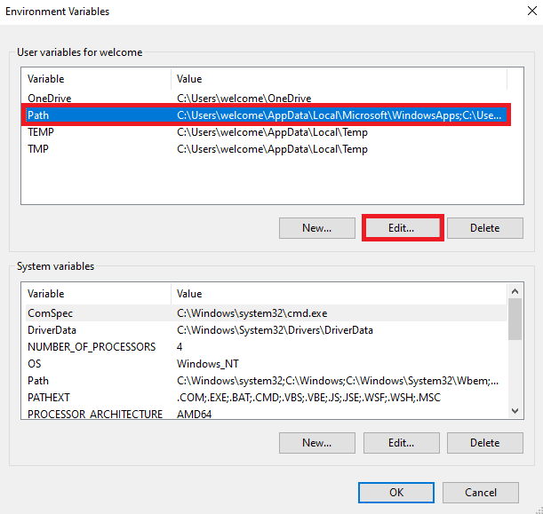 haga clic en Ruta y luego haga clic en Editar.  Arreglar el código de salida 0 Minecraft en Windows 10