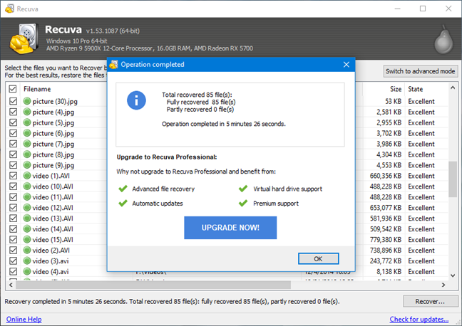 Archivos eliminados recuperados por Recuva usando escaneo rápido