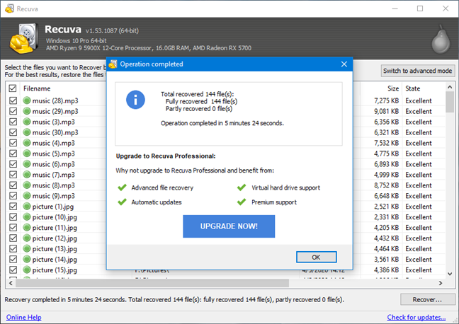 Archivos eliminados recuperados por Recuva usando un escaneo profundo