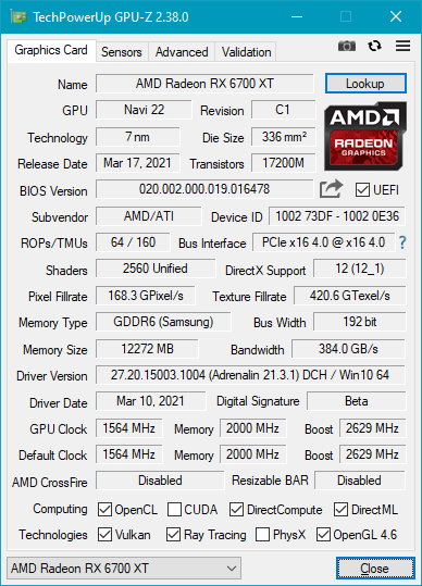AMD Radeon RX 6700 XT: Detalles mostrados por GPU-Z
